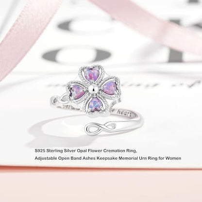 ZOEXUE Four Leaf Clover Cremation Urn Ring for Women, 925 Sterling Silver Adjustable Open Memorial Keepsake Ring with Opal Stones, Holds Ashes Bereavement Sympathy Gift - color: purple
