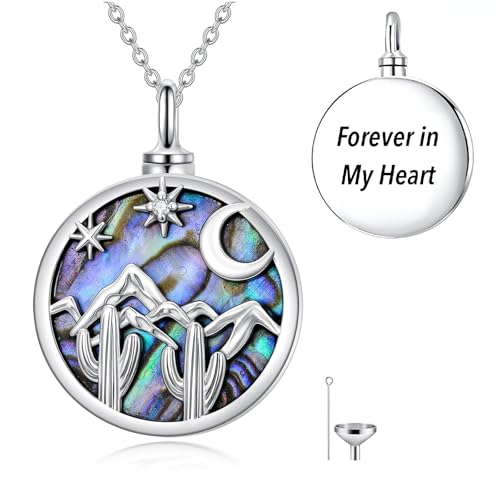Urn Necklace for Women Sterling Silver Meaningful Memorial Jewelry | Paw Print/Butterfly/Dragonfly/Bird/Dolphin/Mountain/Tree of Life Urn Necklace for Ashes Cremation Keepsake Jewelry for Women - style: Abalone-Cactus