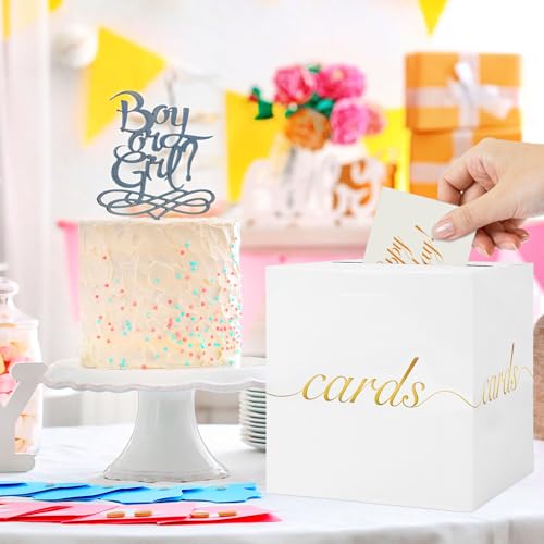 White Card Box Gold Foil Wedding Favors Gift Card Boxes Post Box Receiving Money Box Holder for Wedding Reception, Baby Showers, Anniversary, Birthday Party, Retirement, Graduation Envelope Holder - color: White and Gold