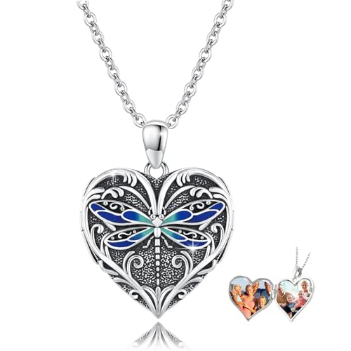 Heart Photo Locket Necklace Sterling Silver for Women | Dragonfly, Butterfly, Turtle, Dog Paw and Mother Daughter Styles, Jewelry Gifts for Mom Christmas Birthday Anniversary. - style: 1-Dragonfly-Blue