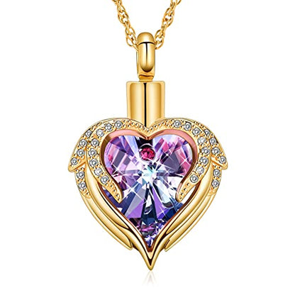 shajwo Angel Wing Heart Urn Necklace for Ashes | Cremation Jewelry, For Women, Memorial, Human Pet Ashes Pendant - color: Gold-Purple