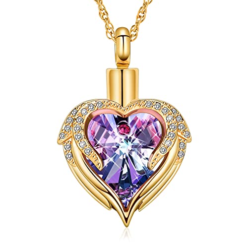 shajwo Angel Wing Heart Urn Necklace for Ashes | Cremation Jewelry, For Women, Memorial, Human Pet Ashes Pendant - color: Gold-Purple