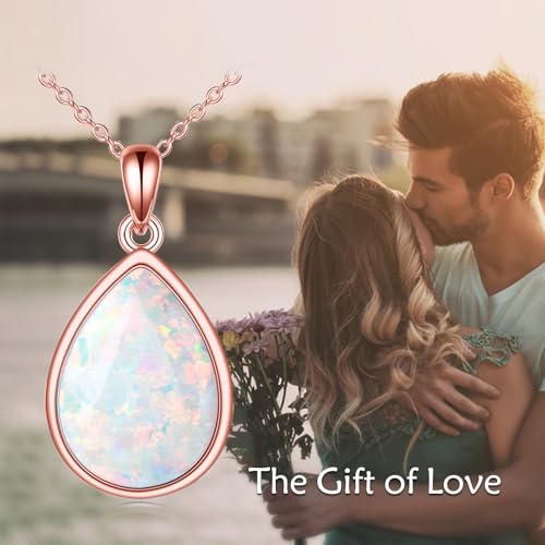 CRMAD Larimar/Opal/Lapis Lazuli/Tourmaline/Malachite/Labradorite/Turquoise/Onyx/Rose Quartz/Amber/Peridot Necklace for Women 925 Sterling Silver Teardrop Pendant Jewelry Gifts - color: opal - rose gold
