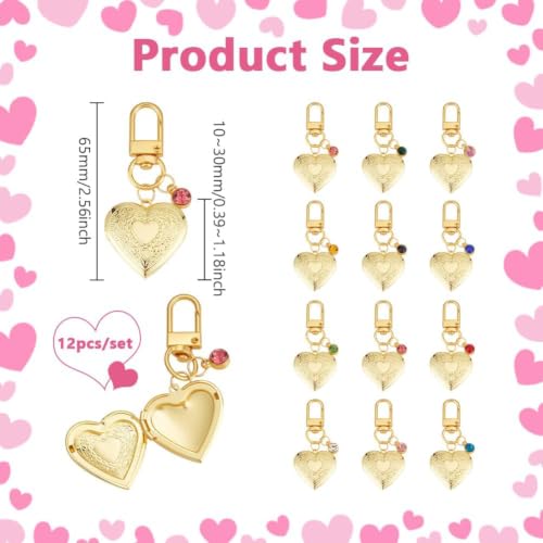 PH PandaHall 12 sets 18k Gold Plated Heart Locket Charms Gold Heart Pendants Memorial Charms Photo Locket Keychain Bag Charm with Birth Stones for Birthday Anniversary, Pendant: 1.2 Inch