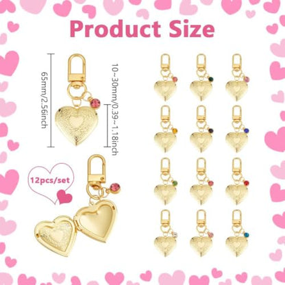 PH PandaHall 12 sets 18k Gold Plated Heart Locket Charms Gold Heart Pendants Memorial Charms Photo Locket Keychain Bag Charm with Birth Stones for Birthday Anniversary, Pendant: 1.2 Inch