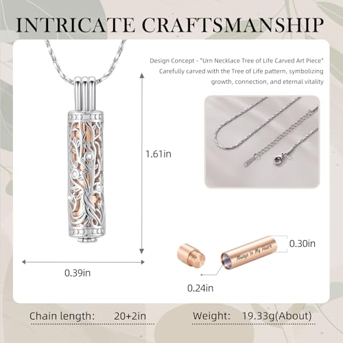 Cylinder Urn Necklace Crystal Tree of Life Cremation Jewelry Pendant for Women Men Vial Cremation Ash Pendant Loved One Memorial Jewelry with Mini Keepsake Urn Ash - Always In My Heart - color: Silver-Rose Gold-Always In My Heart