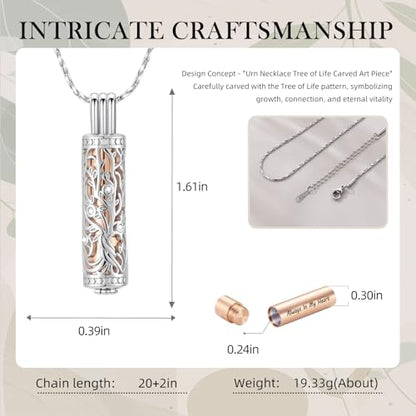 Cylinder Urn Necklace Crystal Tree of Life Cremation Jewelry Pendant for Women Men Vial Cremation Ash Pendant Loved One Memorial Jewelry with Mini Keepsake Urn Ash - Always In My Heart - color: Silver-Rose Gold-Always In My Heart