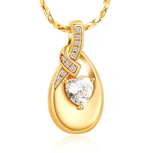 Teardrop Urn Necklace for Ashes Birthstone Heart Memorial Jewelry Stainless Steel Cremation Pendant for Women Men Keepsake Gift - color: Gold