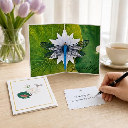 Pop Up Sympathy Card, 3D Dragonfly Waterlily, Sorry for Your Loss Card | Beautiful PopUp Sympathy Cards for Loss of Loved One, Mother, Father, Mom, Dad, Child, Sister, Condolence Card w Envelope - color: AFL DRAGONFLY SYMPATHY