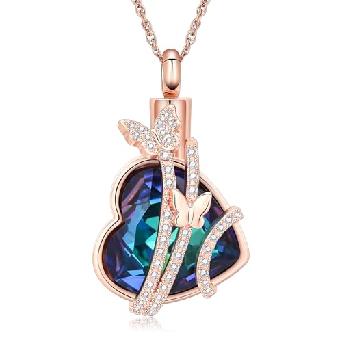 shajwo Butterfly Heart Urn Necklaces Cremation Jewelry for Ashes for Women Men Memorial Human Ashes Pendant - color: Rose Gold-Blue