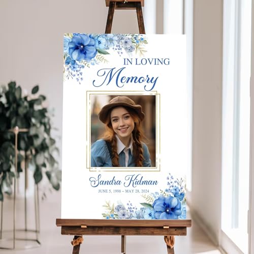 Personalized Photo Funeral Sign - Celebration Of Life Ideas - In Loving Memory Sign - Celebration Of Life Banner - Large Funeral Sign - Funeral Program - Blue Flower Funeral Welcome Sign - Celebration Of Life Poster - Memory Signs For Funeral - color: Mul