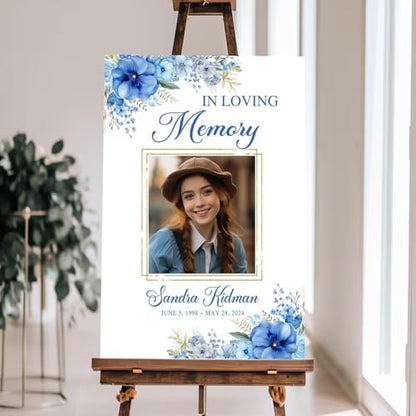 Personalized Photo Funeral Sign - Celebration Of Life Ideas - In Loving Memory Sign - Celebration Of Life Banner - Large Funeral Sign - Funeral Program - Blue Flower Funeral Welcome Sign - Celebration Of Life Poster - Memory Signs For Funeral - color: Mul