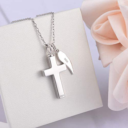 BEILIN Angel Wings Cross Cremation Urn Pendant Necklace Jewelry for Women | 925 Sterling Silver, Cross Souvenir Ashes Pendant, Cremation Jewelry for Human Pets, Memorial Keepsake, Hypoallergic