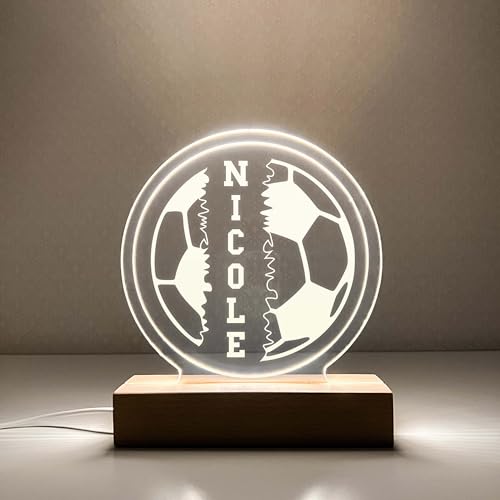 Soccer Ball LED Night Light Custom Gift with Name. Personalized Gift for Dad, Daughter, Son, Grandpa, Sports Enthusiast, Athlete. Soft White Glow, with a Wooden Base. Handcrafted in CT, USA.