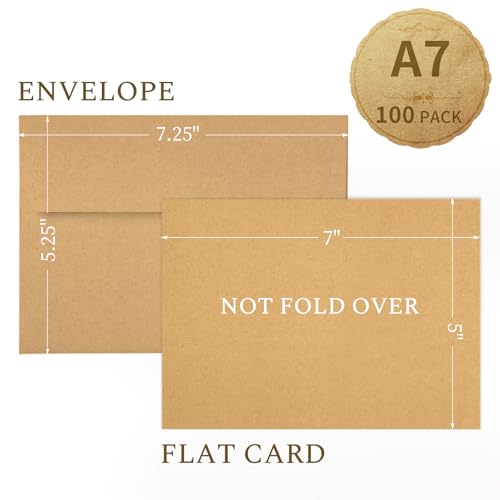 5x7 Brown Kraft Blank Note Cards with Envelopes 100 Pack (Not Folded) - color: Brown, size: 5x7