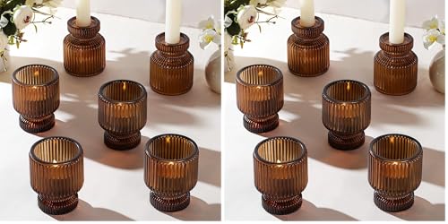 DARJEN 6 Pcs Amber Candlestick Holders - Glass Taper Candle Holders Tealight Votive Candle Holders for Table Centerpieces, Wedding, Dinner Party, Home, Gifts (Pack of 2) - color: Amber, size: 6Pcs (Pack of 2)