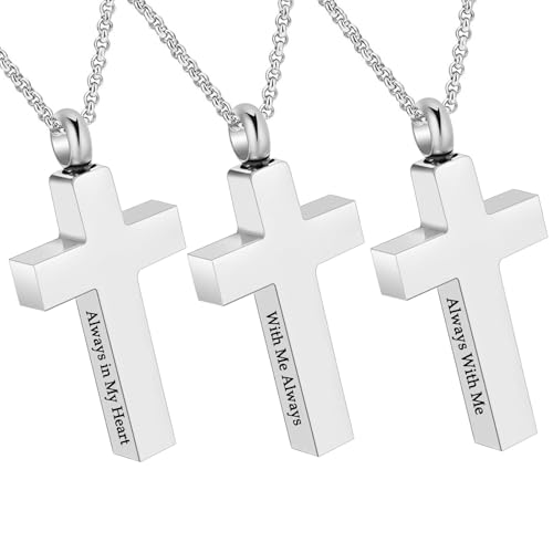 3 Pack Cremation Cross Urn Necklaces for Ashes for Men Cross Urns Pendant Ashes Holder Memorial Jewelry Ashes Keepsake for Human - color: Silver