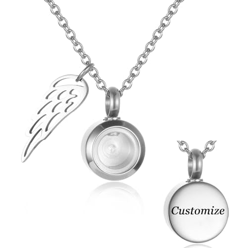 Tiny Glass Round Cremation Urn Necklace For Ashes For Women With Angel Wing Stainless Steel Memorial Locket Necklace Keepsake Jewelry - color: Customize