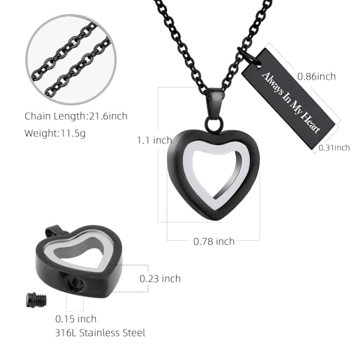 Glass Heart Cremation Urn Necklace for Ashes Stainless Steel Memorial Ash Pendant Keepsake Jewelry Cremation Jewelry for Women - color: Black-Always In My Heart