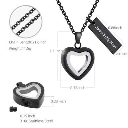 Glass Heart Cremation Urn Necklace for Ashes Stainless Steel Memorial Ash Pendant Keepsake Jewelry Cremation Jewelry for Women - color: Black-Always In My Heart