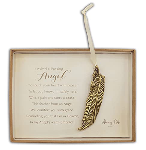 Cathedral Art Abbey & CA Gift Bo Passing Angel Feather Ornament On White Ribbon, 0.5"x3"x0.75", Brass - style: Bo Passing Angel Feather