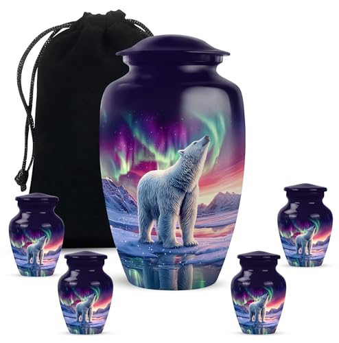 Polar Bear Aurora Borealis Urn - Large Northern Lights Urns for Human Ashes Adult Female - Small Urns for Human Ashes Keepsake - Cremation Urn for Men (Combo of 5-10 Inch & 3 Inch) - color: Burial Urns for Adult Human Ashes, size: 10 INCH & 3 INCH