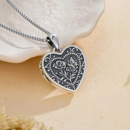 PELOVNY Birth Flower Locket Necklace for Women 925 Sterling Silver Flower Butterfly Heart Photo Locket Pendant Birthday Christmas Jewelry Gifts for Mom Daughter Wife Sister - color: 08-Poppy