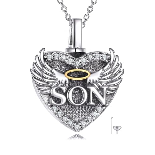 Family Members Urn Necklace for Ashes 925 Sterling Silver Angel Wings Heart Cremation Memorial Keepsake Pendant Jewelry for Loved One's Ashes, with 18" + 2" Stainless Steel Chain - style: Heart-Son