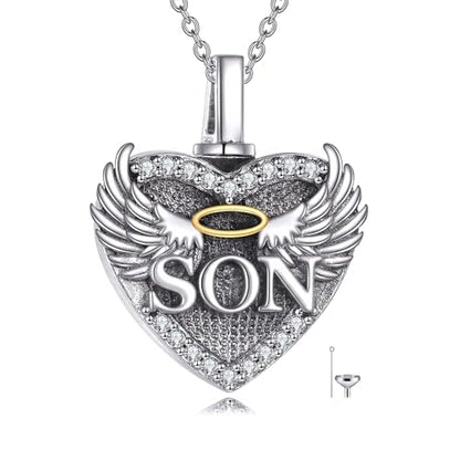 Family Members Urn Necklace for Ashes 925 Sterling Silver Angel Wings Heart Cremation Memorial Keepsake Pendant Jewelry for Loved One's Ashes, with 18" + 2" Stainless Steel Chain - style: Heart-Son