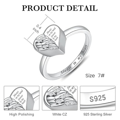 925 Sterling Silver Angel Wing Heart Cremation Urn Necklace Ring Set（#10）