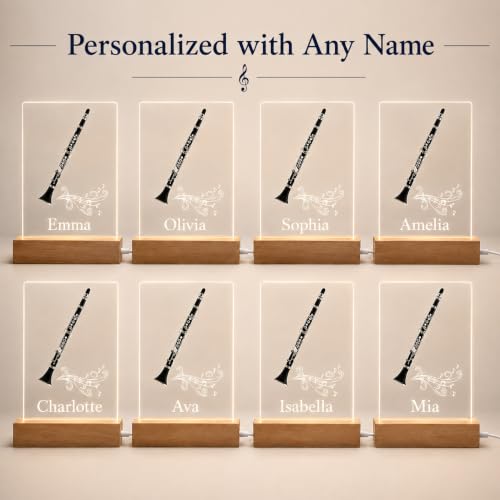 MIRROR MANIA Personalized Clarinet Night Light, Custom Name Music Lamp for Clarinet Players & Music Lovers, Clear Acrylic with Wood Base, Soft White LED, USB Powered, Handmade in USA