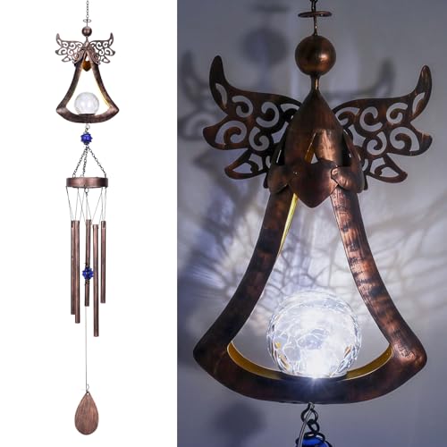 Taman Solar Wind Chime for Outside, Metal Angel Windchimes with LED Light - size: 42"
