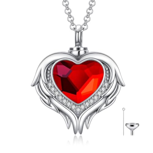 AOBOCO 925 Sterling Silver Angel Wing Heart Cremation Urn Necklace Holds Loved Ones Ashes, Memorial Keepsake Cremation Jewelry Necklace for Women - color: Silver with Red Heart