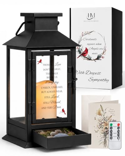 Memorial Lantern with Drawer for Keepsakes, Sympathy Gifts for Loss of Loved One, Remembrance Bereavement Gifts in Memory of Loved One, Black - color: Cardinal/Black