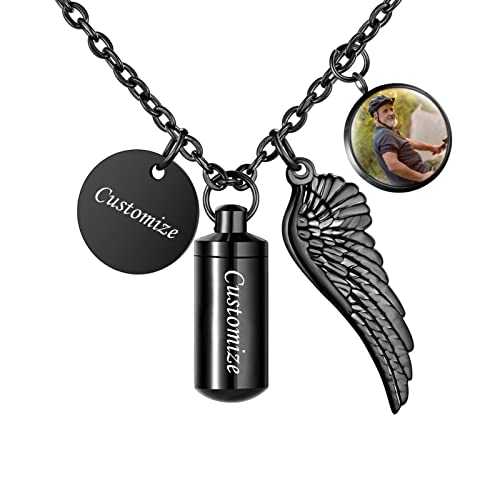 Dletay Cylinder Urn Necklace for Ashes Butterfly Cremation Jewelry for Ashes Memorial Keepsake Pendant with Angel Wing Round Tag Stainless Steel Remembrance Jewelry - color: Black S, style: Custom