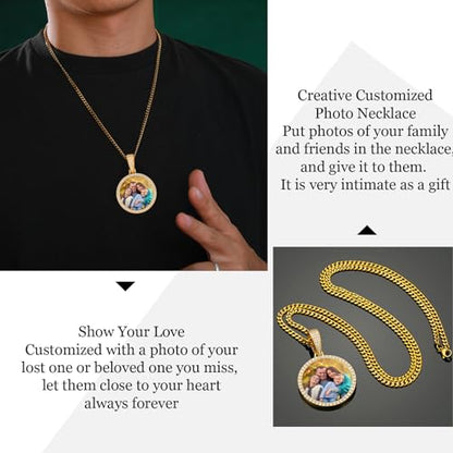 YIMERAIRE Customized Picture Necklace Personalized Circle Chain - color: 01 Circle Pendant(Gold)+Cuban Chain 0171