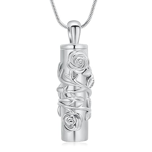 Cylinder Urn Necklace for Ashes Roseflower Cremation Jewelry Urn Ashes Necklace for Women Men Memorial Keepsake Necklace of Loved One - color: Silver