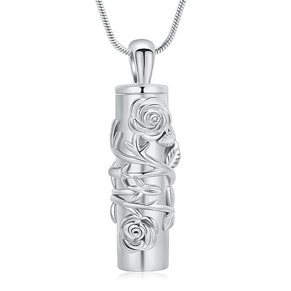 Cylinder Urn Necklace for Ashes Roseflower Cremation Jewelry Urn Ashes Necklace for Women Men Memorial Keepsake Necklace of Loved One - color: Silver