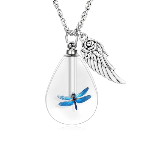 Teardrop Urn Necklace for Ashes, Resin Memorial Pendant with Keepsake | Teardrop Shape, Clear Resin Design, Nature Inspired Artwork, Screw Closure, Holds Ashes, Filling Kit & Box Included - color: Dragonfly