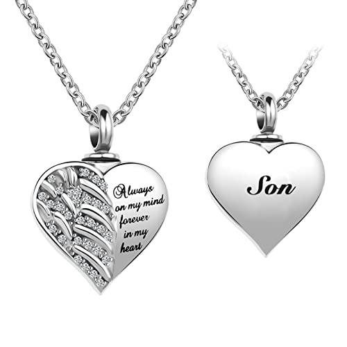 Guardian Angel Wings Cremation Jewelry for Ashes Heart Crystal Urn Necklaces for Ashes Memorial Keepsake Necklace Always on Mind Forever in My Heart - style: Son