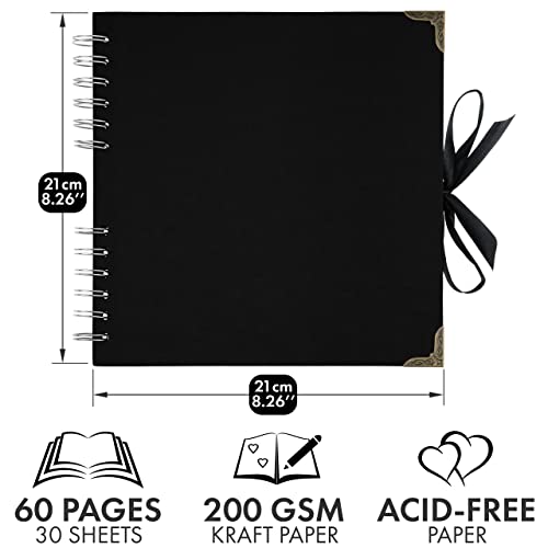 Scrapbook Album, 60 Pages, 8 x 8 Inch, Black Photo Album, Scrap Book | Hardcover with Thick 250 GSM Kraft Paper, Ideal for Your Scrapbooking Albums, Art & Craft Projects (Black, 8 x 8 Inch) - color: Black, size: 8 X 8 Inch