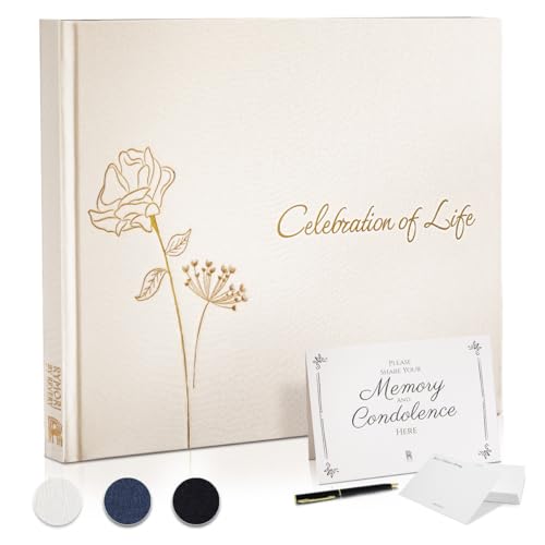 Funeral Guest Book for Memorial Service - with Pen, Cards, Table Sign & Back Pocket, Guests Sign in Book Celebration of Life | in Loving Memory Memorial Service Guest Book, White Natural Linen Cover - color: White Natural Linen, style: Celebration of Life