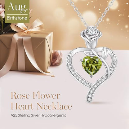 925 Sterling Silver Rose Love Heart Birthstone Necklaces for Women Jewelry | Hypoallergenic Nickel-Free & Lead-Free Pendant,Birthday Anniversary Christmas Gift for Women Wife Mom Girlfriend - color: White Gold-08-Aug