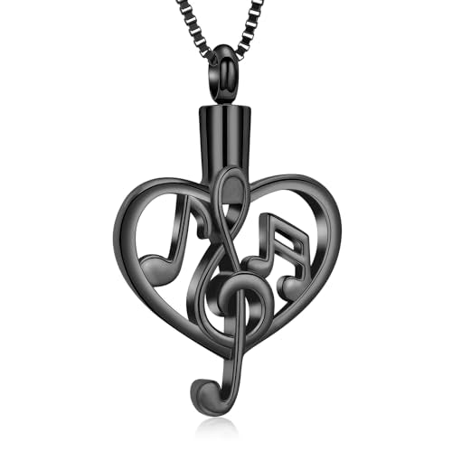 XSMZB Music Note Cremation Urn Necklace for Ashes of Loved One Heart Memorial Locket Hold Ashes Keepsake Pendant for Women Men - color: Black
