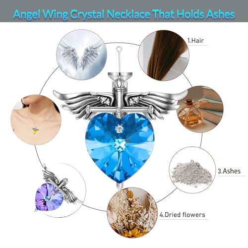 SOULMEET Memorial Wings Necklace for Ashes with Large Heart Crystal Birthstone, Angel Wings Urn Necklaces with Heart Shaped Birthstone Keepsake Silver Cremation Jewelry - style: L-December