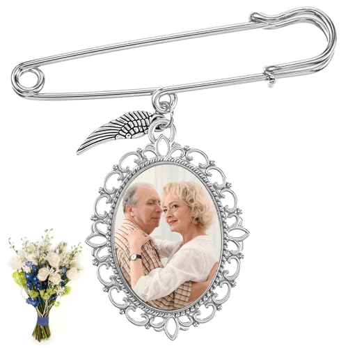 Wedding Bouquet Photo Charm, Lacy Oval Glass Picture Frame Memory Pin - color: Silver