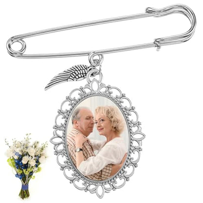 Wedding Bouquet Photo Charm, Lacy Oval Glass Picture Frame Memory Pin - color: Silver