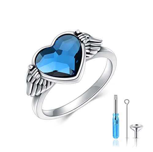 Urn Ring for Ashes 925 Sterling Silver Hold You in My Heart Angel Wings with Blue Crystal Heart Cremation Memorial Keepsake Jewelry