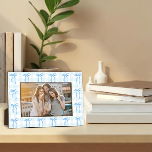 Blue Bow Picture Frame, Birthday Gifts for Sisters Girl Mom Friends Women, Wooden Picture Frame Fits 4x6 Inch Photo, Home Office Desktop Nightstand Display -072 - color: Blue Bow
