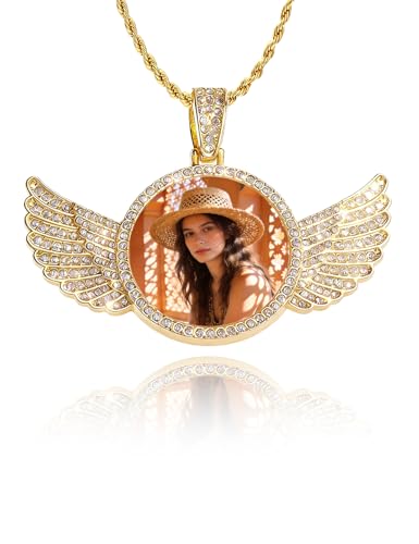 Custom Memorial Necklace with Picture - Personalized Circle Chain Angel Wings, Customized Angel Wing Gifts for Men Family Memory Necklaces - color: Gold